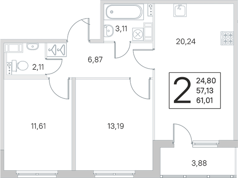 2-комнатная квартира 57.13 м², 2/4 эт., ЖК «Любоград в Стрельне»